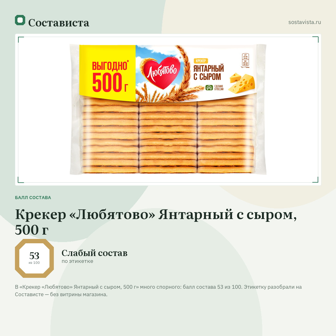 Крекер «Любятово» Янтарный с сыром, 500 г: балл состава 53 из 100 — Состависта