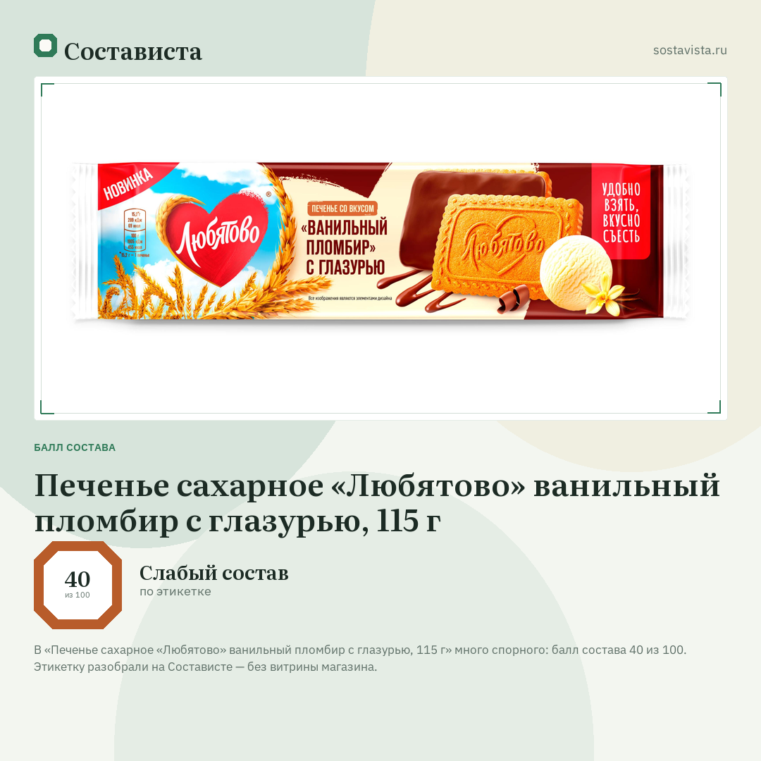 Печенье сахарное «Любятово» ванильный пломбир с глазурью, 115 г: балл состава 40 из 100 — Состависта