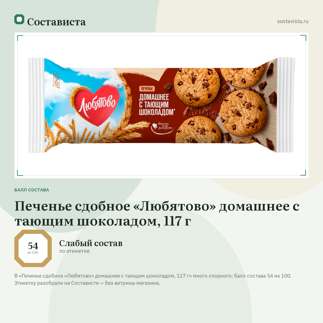 Печенье сдобное «Любятово» домашнее с тающим шоколадом, 117 г: балл состава 54 из 100 — Состависта
