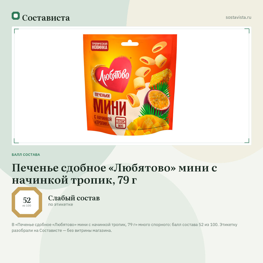 Печенье сдобное «Любятово» мини с начинкой тропик, 79 г: балл состава 52 из 100 — Состависта