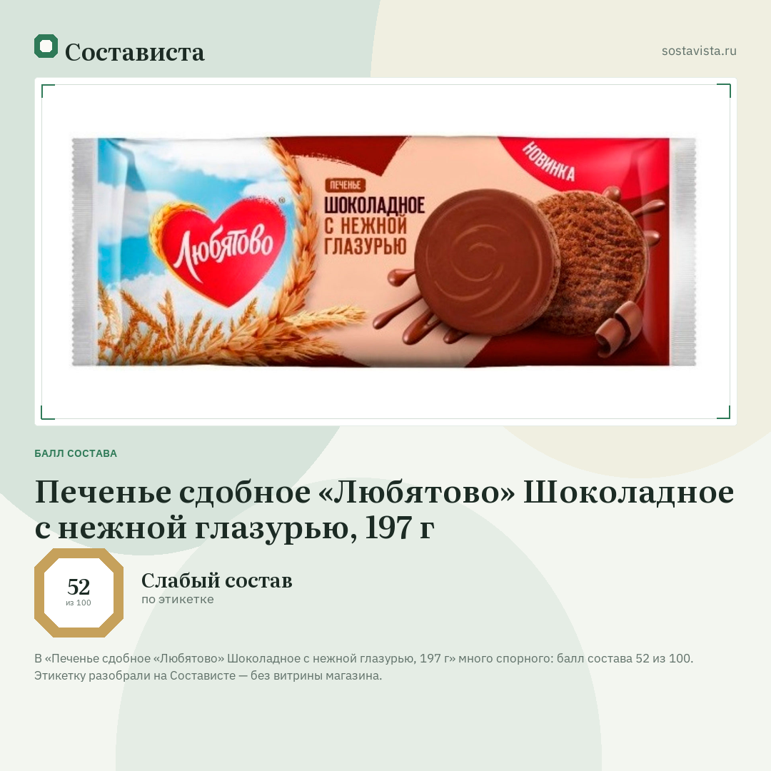 Печенье сдобное «Любятово» Шоколадное с нежной глазурью, 197 г: балл состава 52 из 100 — Состависта