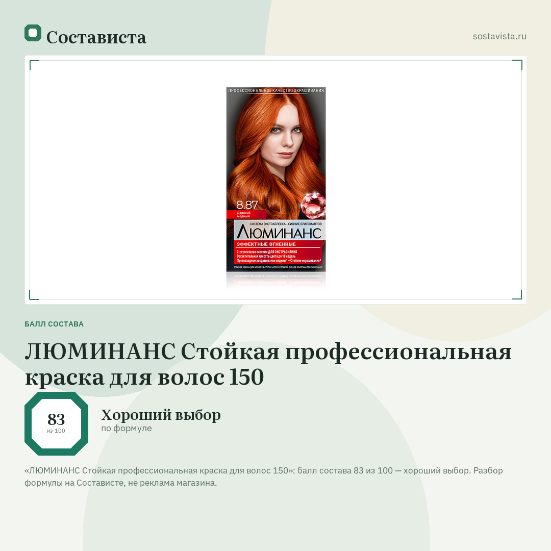 ЛЮМИНАНС Стойкая профессиональная краска для волос 150: балл состава 83 из 100 — Состависта