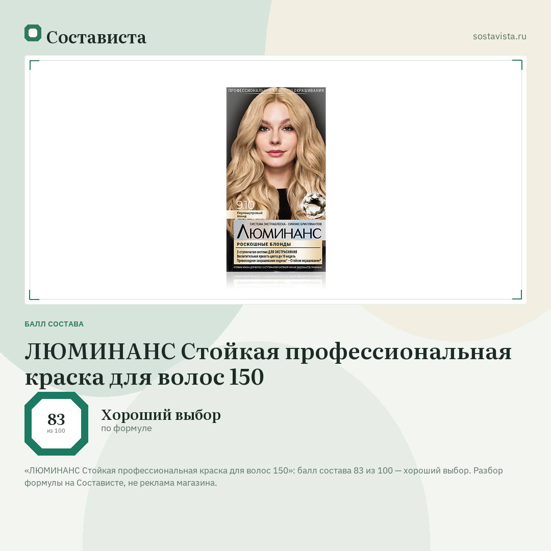 ЛЮМИНАНС Стойкая профессиональная краска для волос 150: балл состава 83 из 100 — Состависта