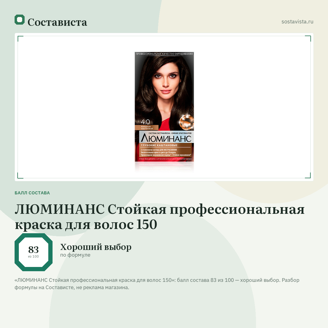 ЛЮМИНАНС Стойкая профессиональная краска для волос 150: балл состава 83 из 100 — Состависта