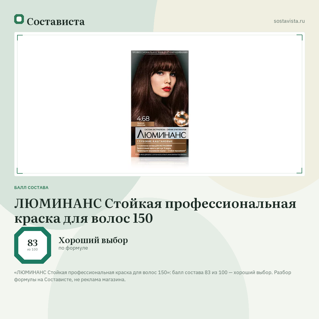 ЛЮМИНАНС Стойкая профессиональная краска для волос 150: балл состава 83 из 100 — Состависта