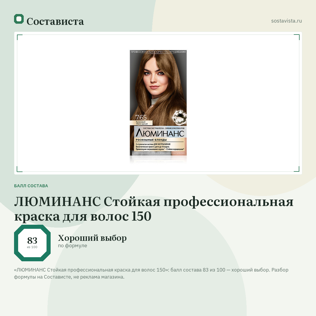 ЛЮМИНАНС Стойкая профессиональная краска для волос 150: балл состава 83 из 100 — Состависта