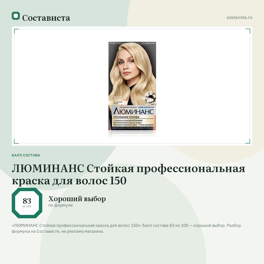 ЛЮМИНАНС Стойкая профессиональная краска для волос 150: балл состава 83 из 100 — Состависта