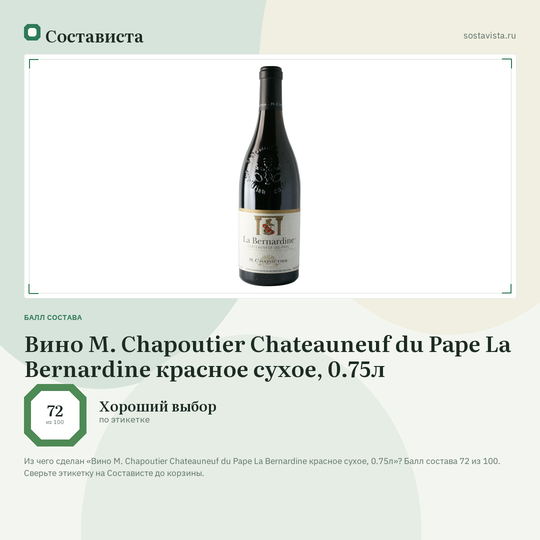 Вино M. Chapoutier Chateauneuf du Pape La Bernardine красное сухое, 0.75л: балл состава 72 из 100 — Состависта