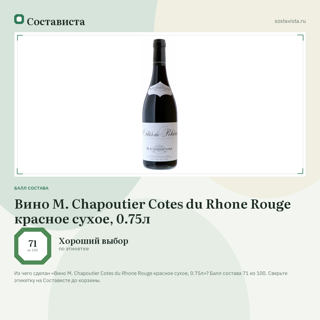 Вино M. Chapoutier Cotes du Rhone Rouge красное сухое, 0.75л: балл состава 71 из 100 — Состависта