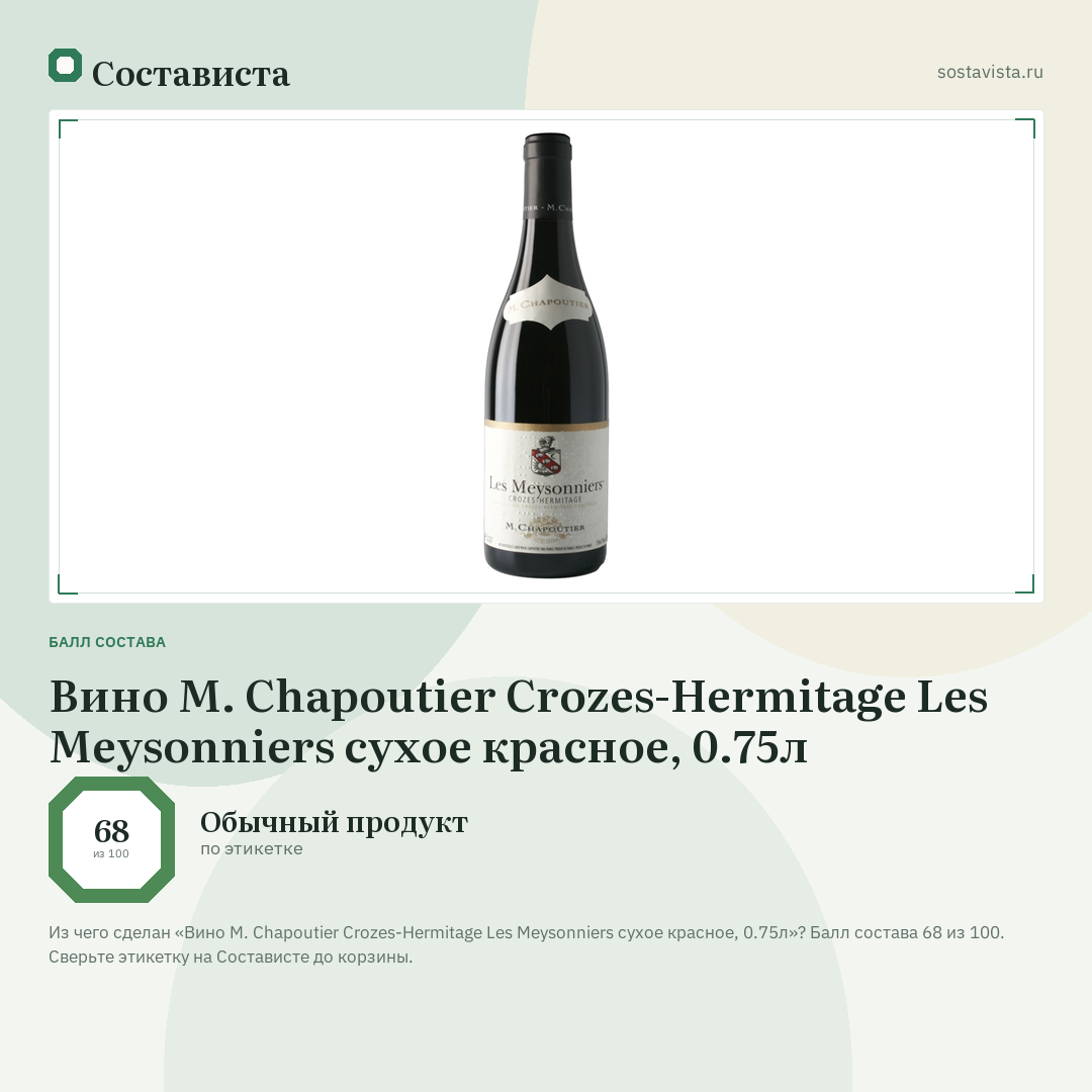 Вино M. Chapoutier Crozes-Hermitage Les Meysonniers сухое красное, 0.75л: балл состава 68 из 100 — Состависта