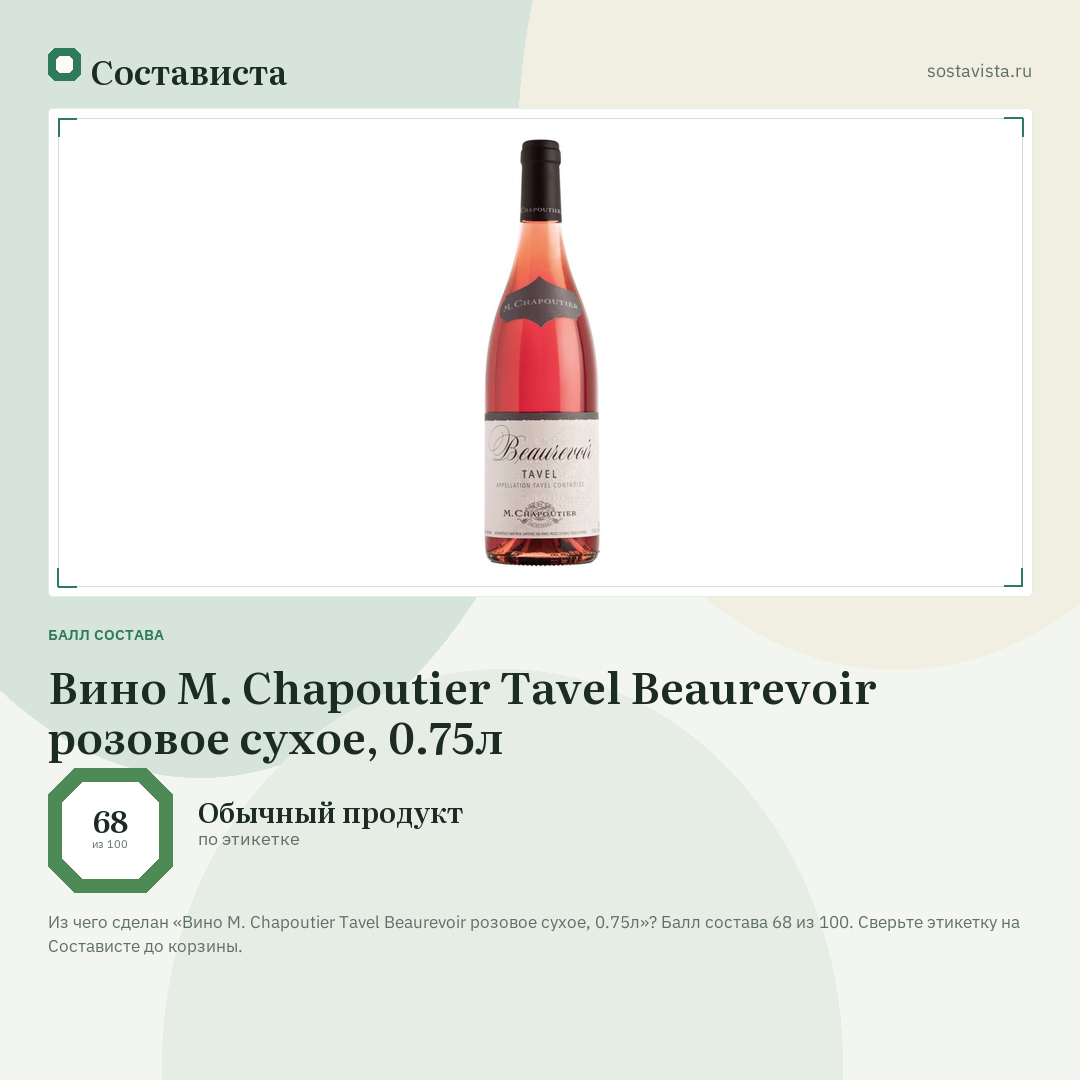 Вино M. Chapoutier Tavel Beaurevoir розовое сухое, 0.75л: балл состава 68 из 100 — Состависта