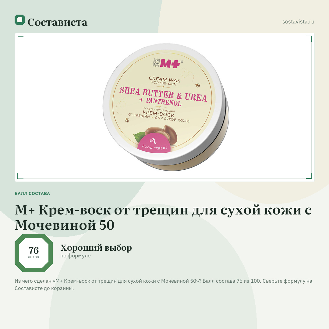 M+ Крем-воск от трещин для сухой кожи с Мочевиной 50: балл состава 76 из 100 — Состависта