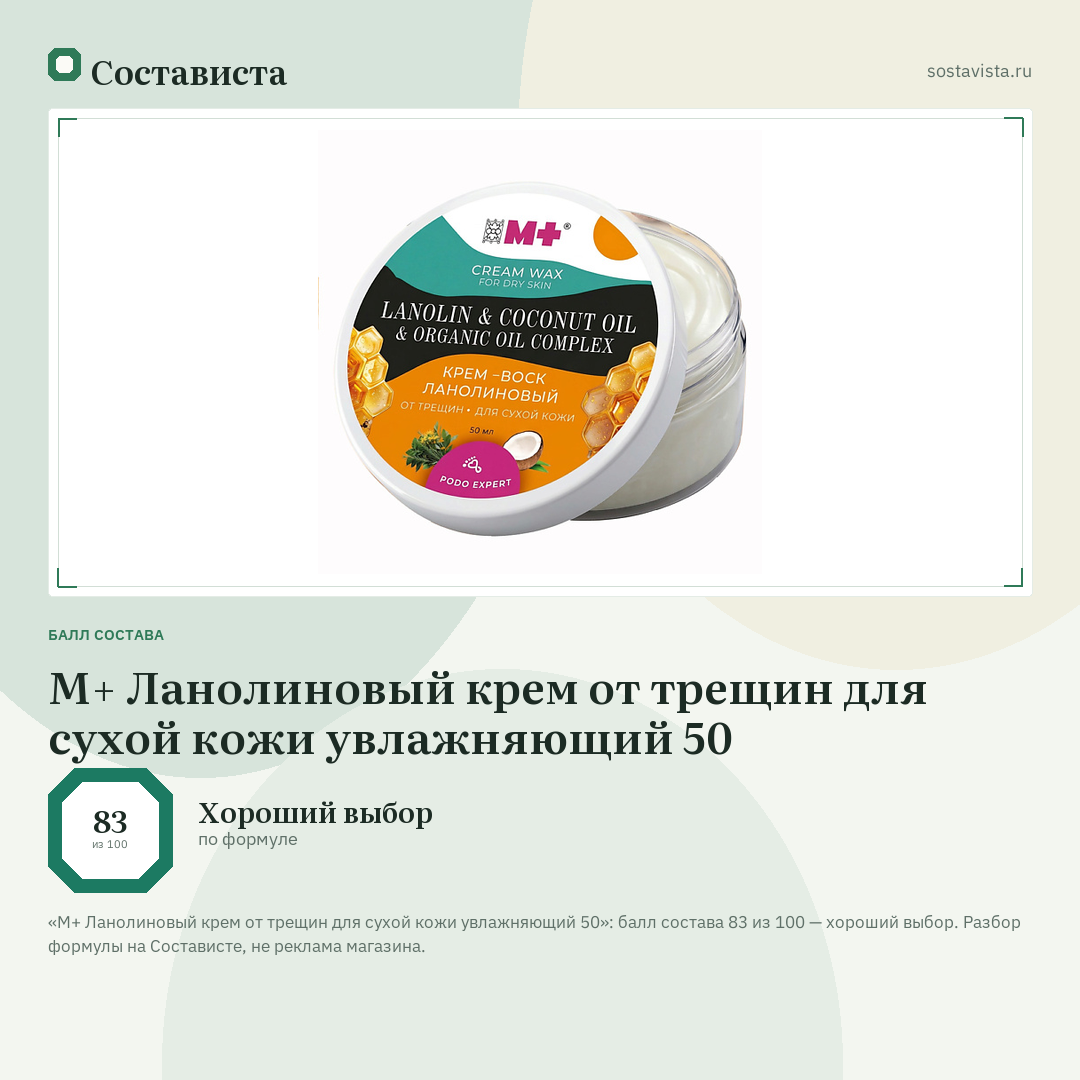 M+ Ланолиновый крем от трещин для сухой кожи увлажняющий 50: балл состава 83 из 100 — Состависта