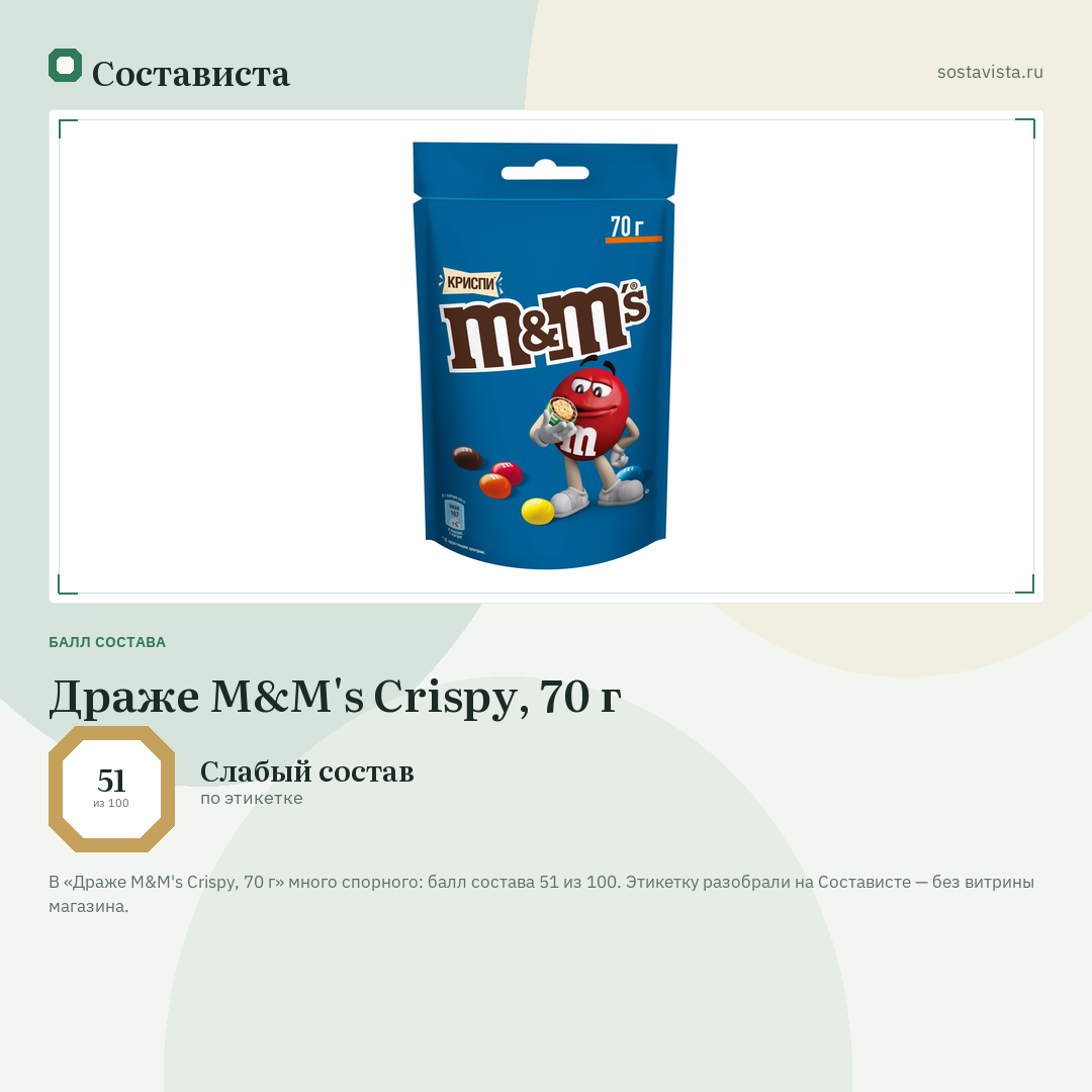 Драже M&M's Crispy, 70 г: балл состава 51 из 100 — Состависта