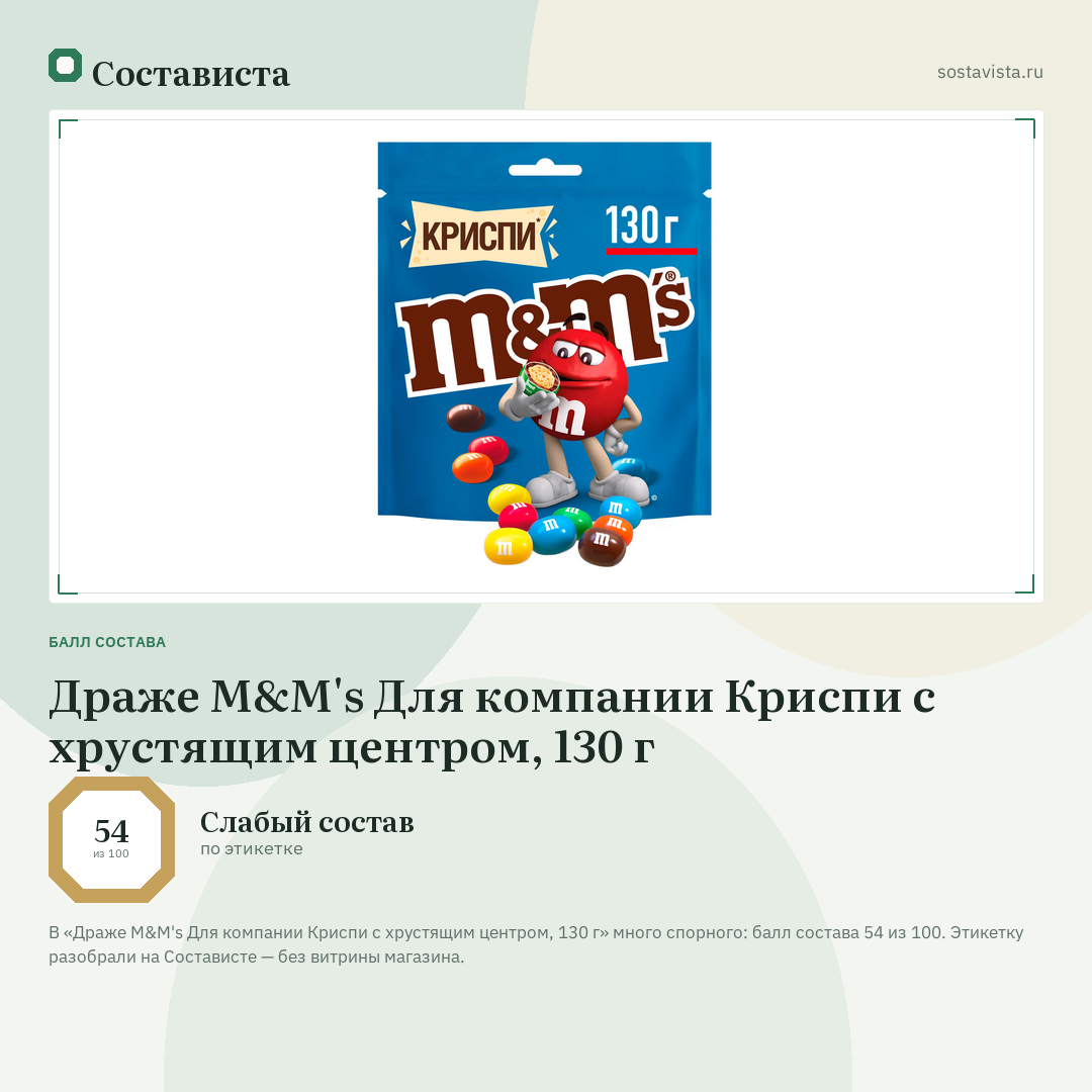 Драже M&M's Для компании Криспи с хрустящим центром, 130 г: балл состава 54 из 100 — Состависта