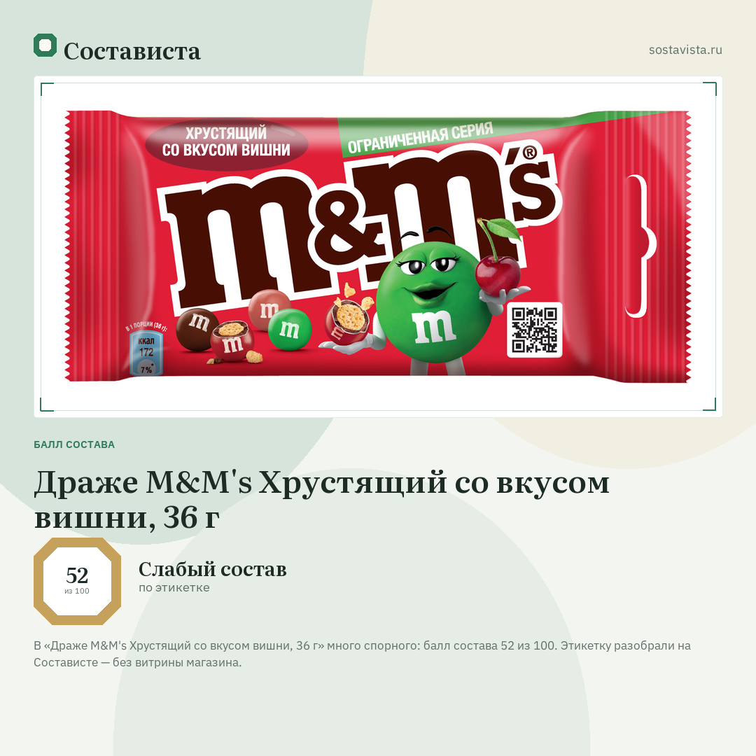 Драже M&M's Хрустящий со вкусом вишни, 36 г: балл состава 52 из 100 — Состависта