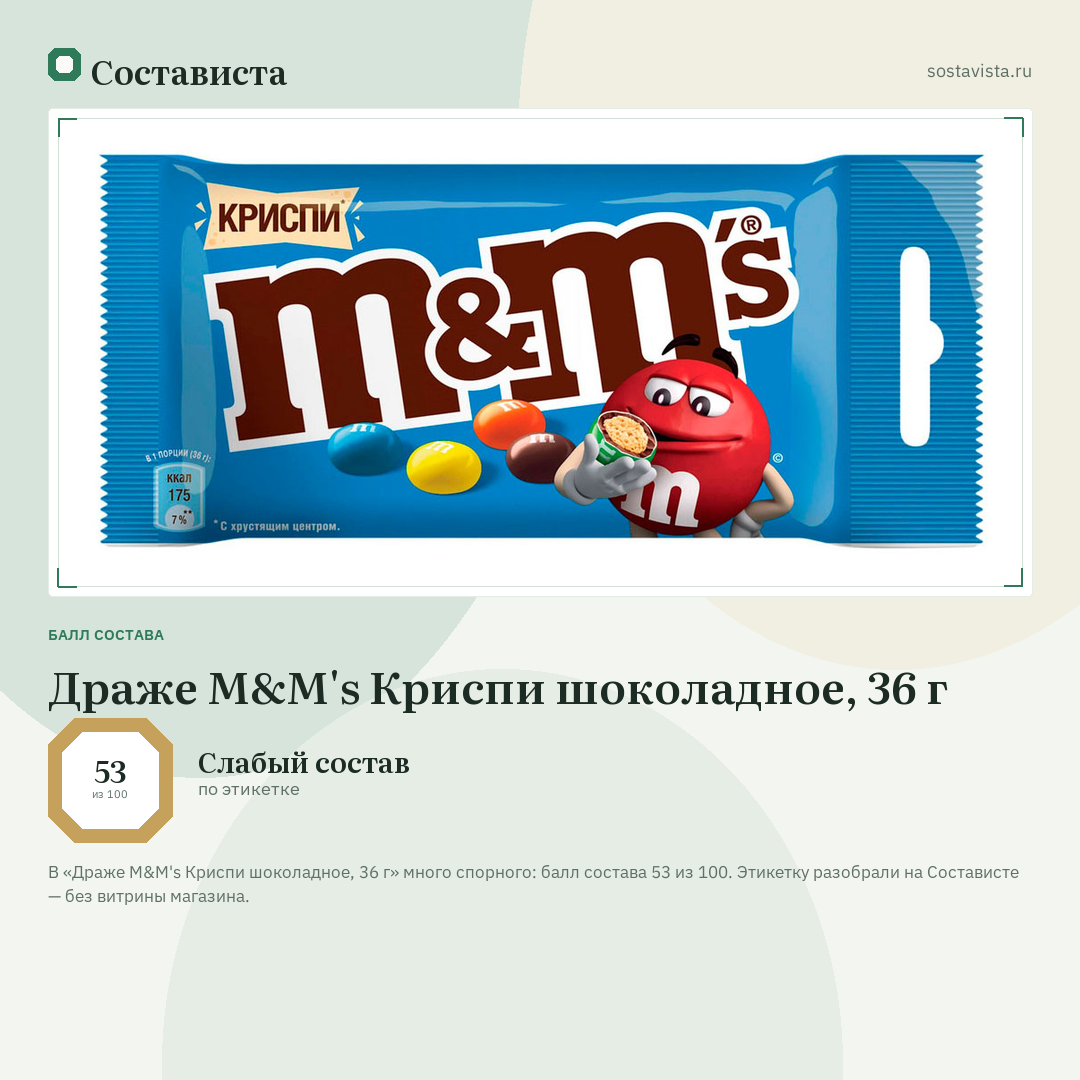 Драже M&M's Криспи шоколадное, 36 г: балл состава 53 из 100 — Состависта