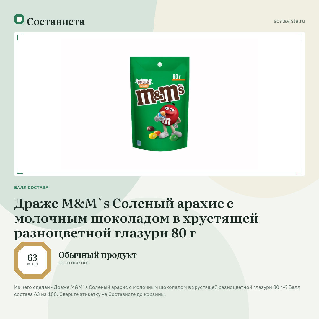 Драже M&M`s Соленый арахис с молочным шоколадом в хрустящей разноцветной глазури 80 г: балл состава 63 из 100 — Состависта