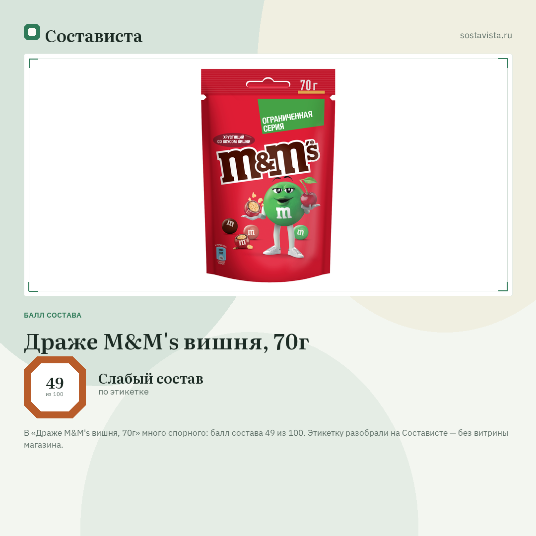 Драже M&M's вишня, 70г: балл состава 49 из 100 — Состависта