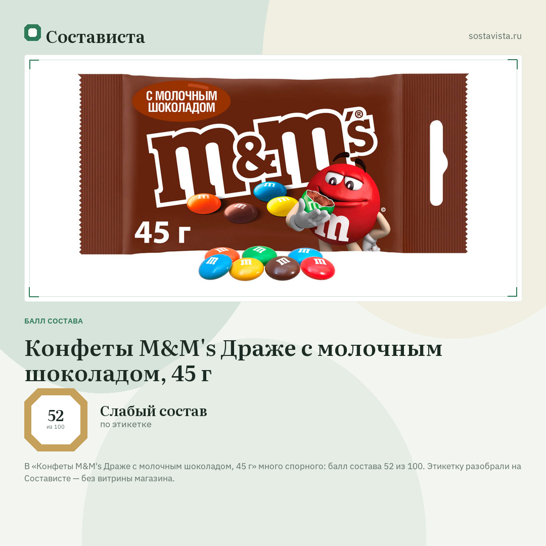 Конфеты M&M's Драже c молочным шоколадом, 45 г: балл состава 52 из 100 — Состависта
