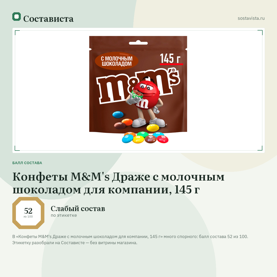 Конфеты M&M's Драже c молочным шоколадом для компании, 145 г: балл состава 52 из 100 — Состависта