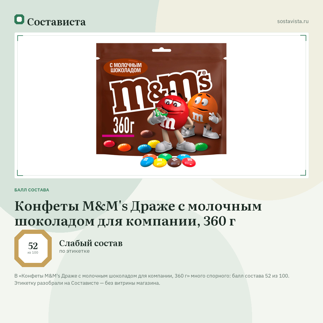 Конфеты M&M's Драже c молочным шоколадом для компании, 360 г: балл состава 52 из 100 — Состависта