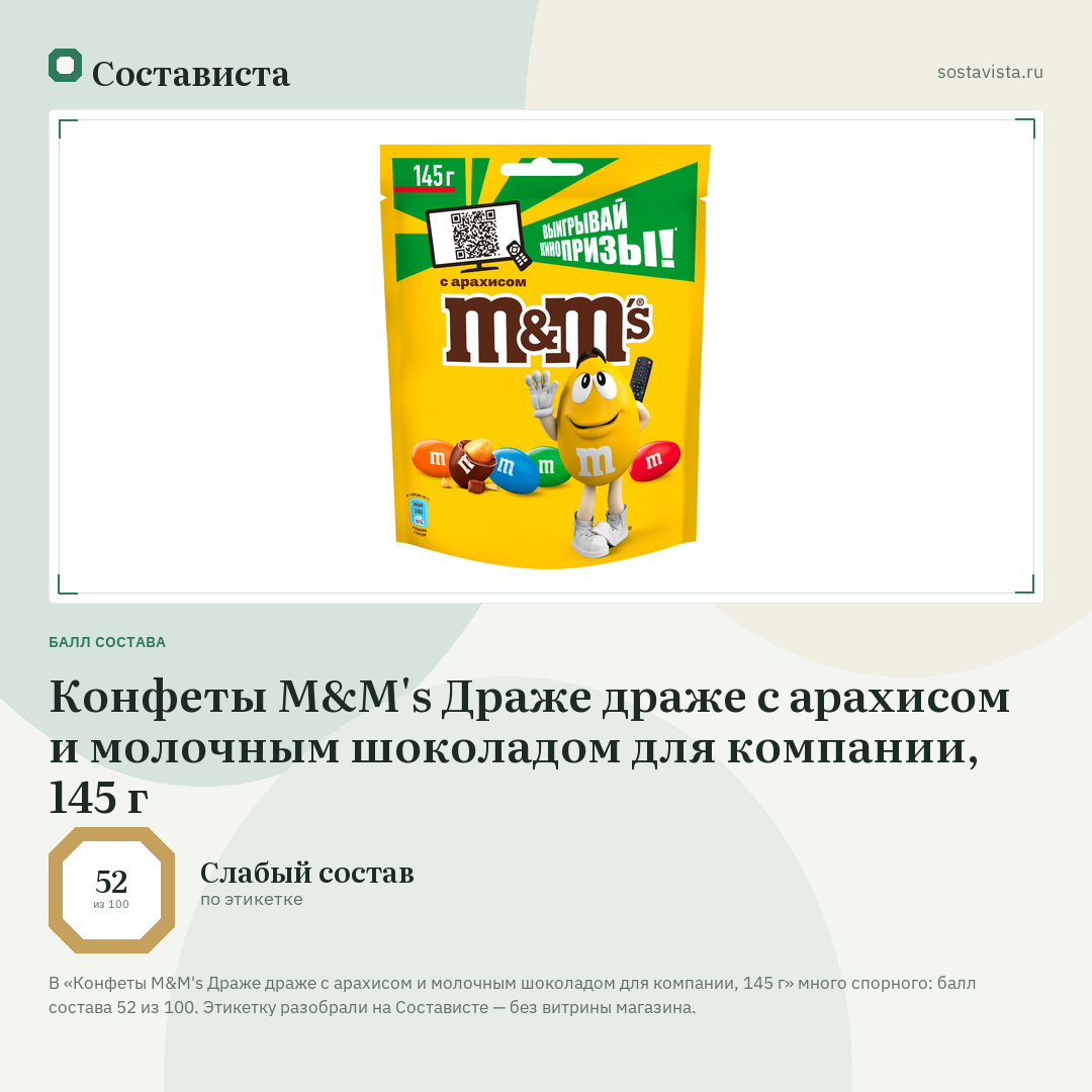 Конфеты M&M's Драже драже с арахисом и молочным шоколадом для компании, 145 г: балл состава 52 из 100 — Состависта