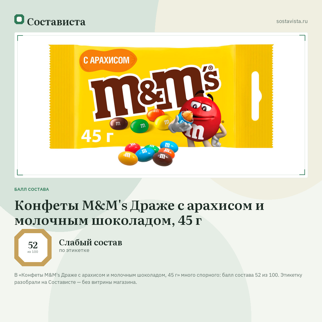 Конфеты M&M's Драже с арахисом и молочным шоколадом, 45 г: балл состава 52 из 100 — Состависта