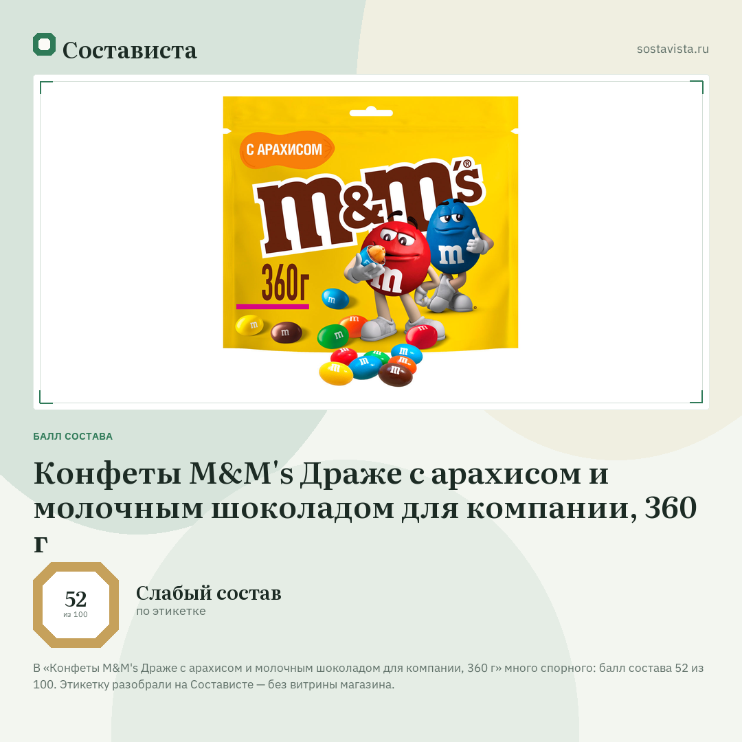 Конфеты M&M's Драже с арахисом и молочным шоколадом для компании, 360 г: балл состава 52 из 100 — Состависта