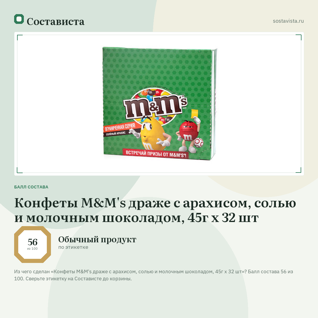 Конфеты M&M's драже с арахисом, солью и молочным шоколадом, 45г x 32 шт: балл состава 56 из 100 — Состависта