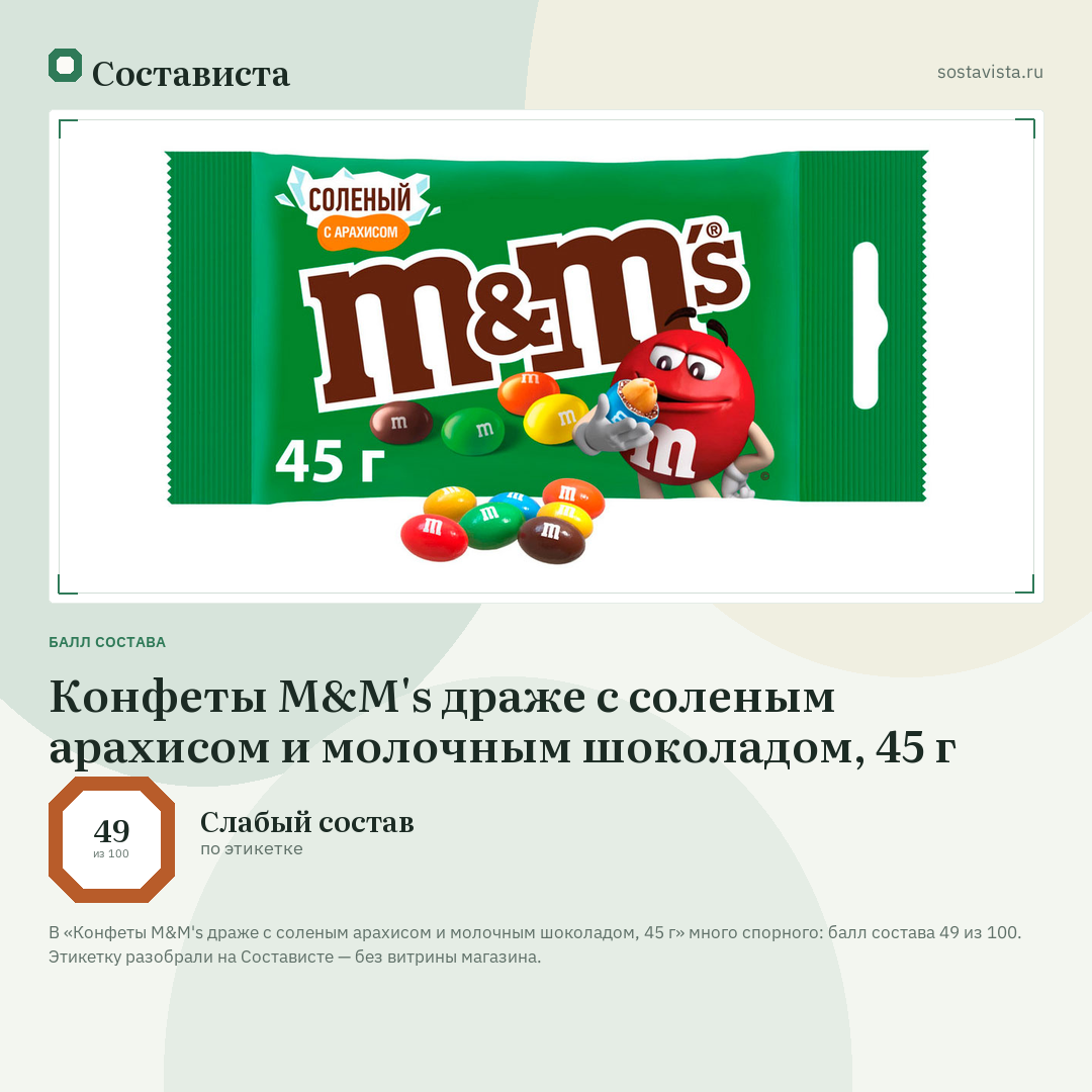 Конфеты M&M's драже с соленым арахисом и молочным шоколадом, 45 г: балл состава 49 из 100 — Состависта