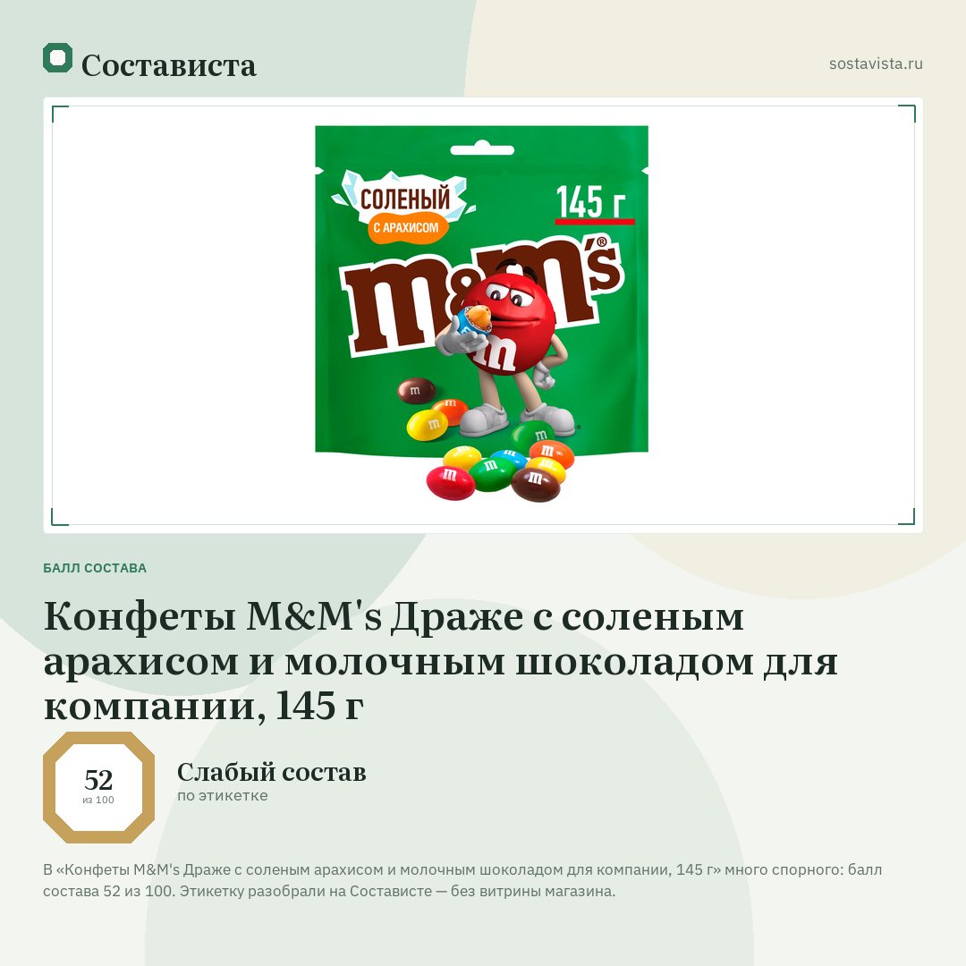 Конфеты M&M's Драже с соленым арахисом и молочным шоколадом для компании, 145 г: балл состава 52 из 100 — Состависта