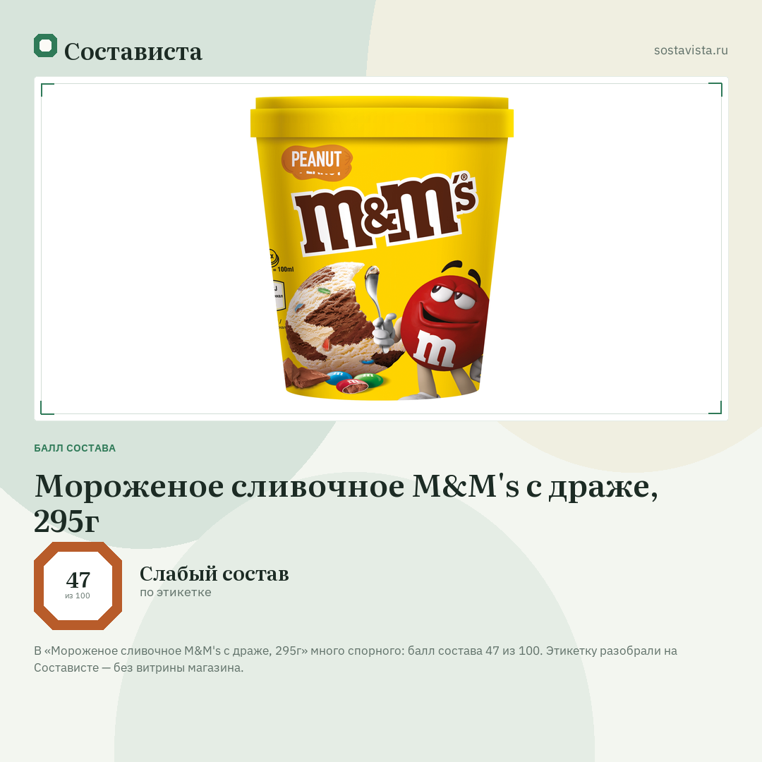 Мороженое сливочное M&M's с драже, 295г: балл состава 47 из 100 — Состависта