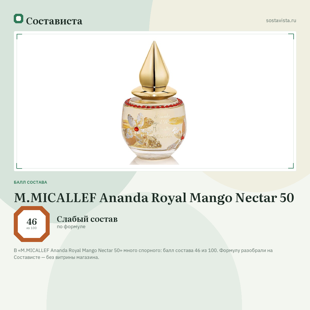 M.MICALLEF Ananda Royal Mango Nectar 50: балл состава 46 из 100 — Состависта