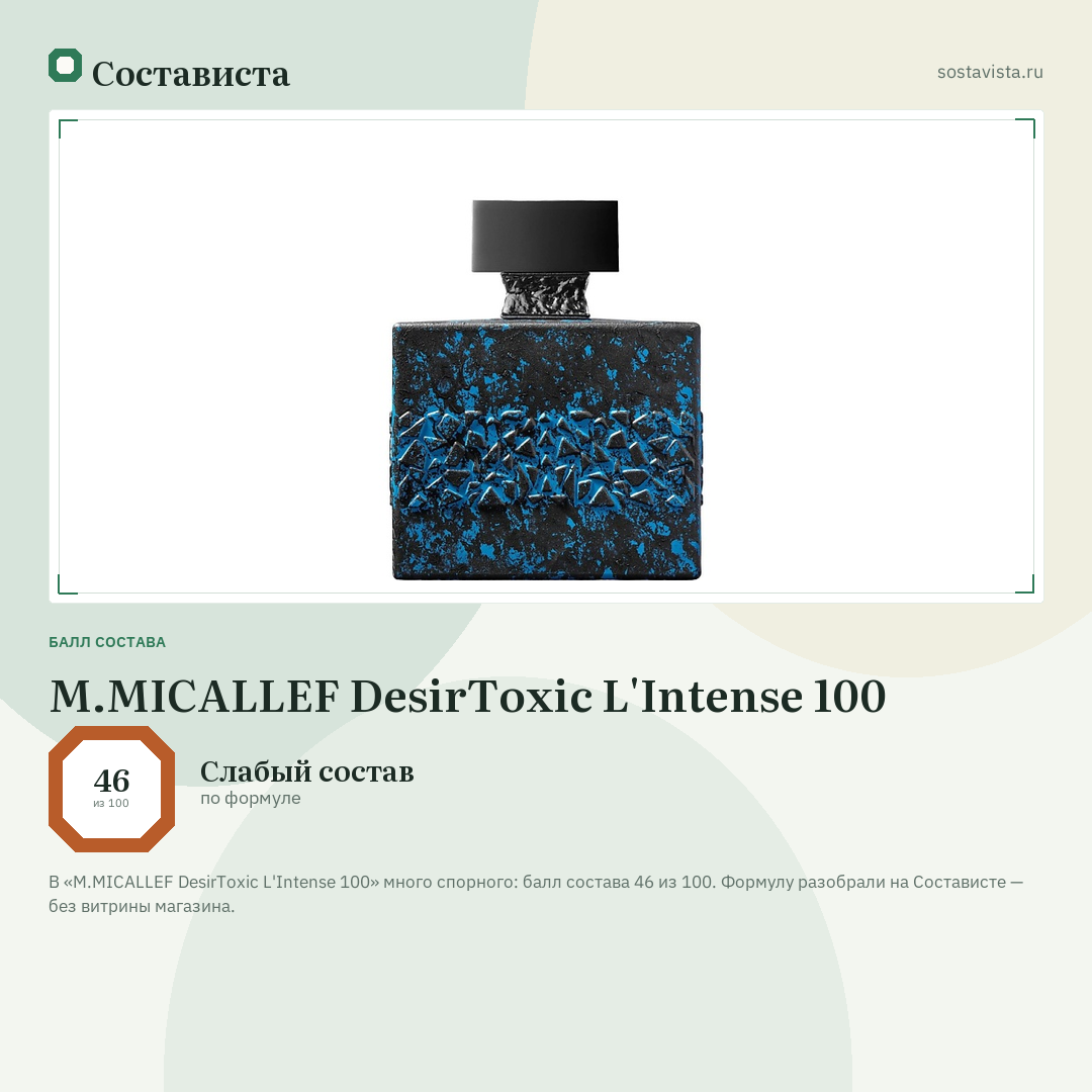 M.MICALLEF DesirToxic L'Intense 100: балл состава 46 из 100 — Состависта