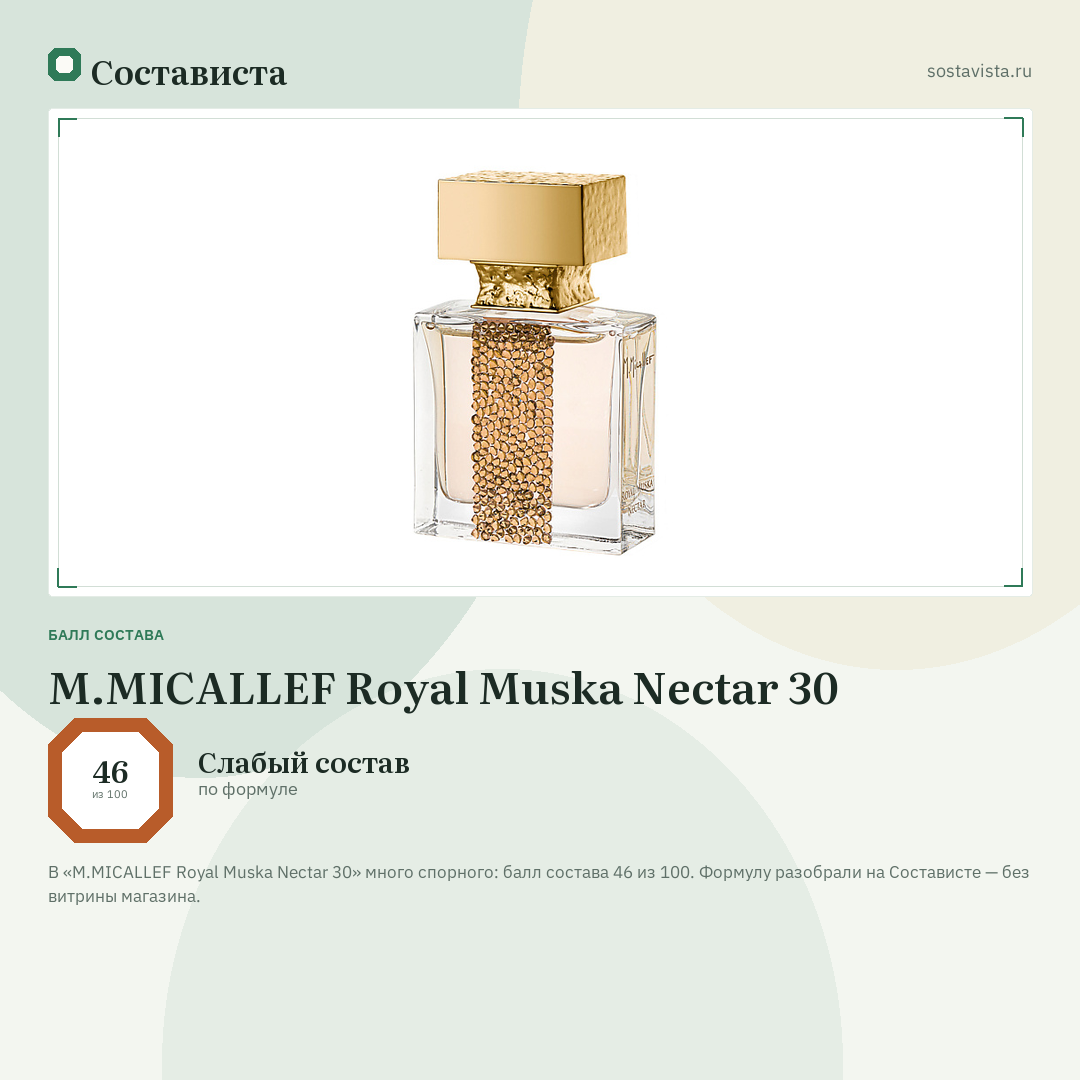 M.MICALLEF Royal Muska Nectar 30: балл состава 46 из 100 — Состависта