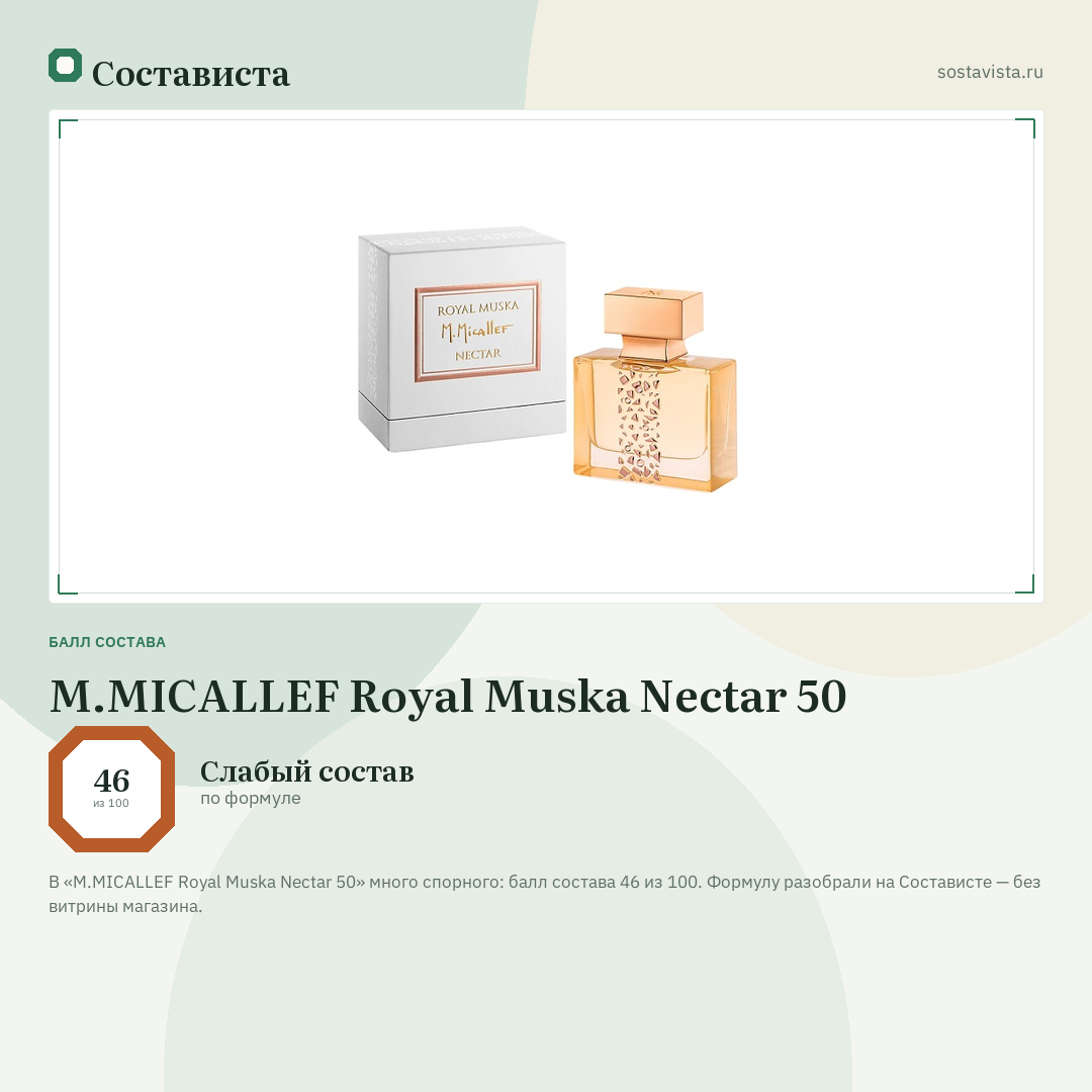 M.MICALLEF Royal Muska Nectar 50: балл состава 46 из 100 — Состависта