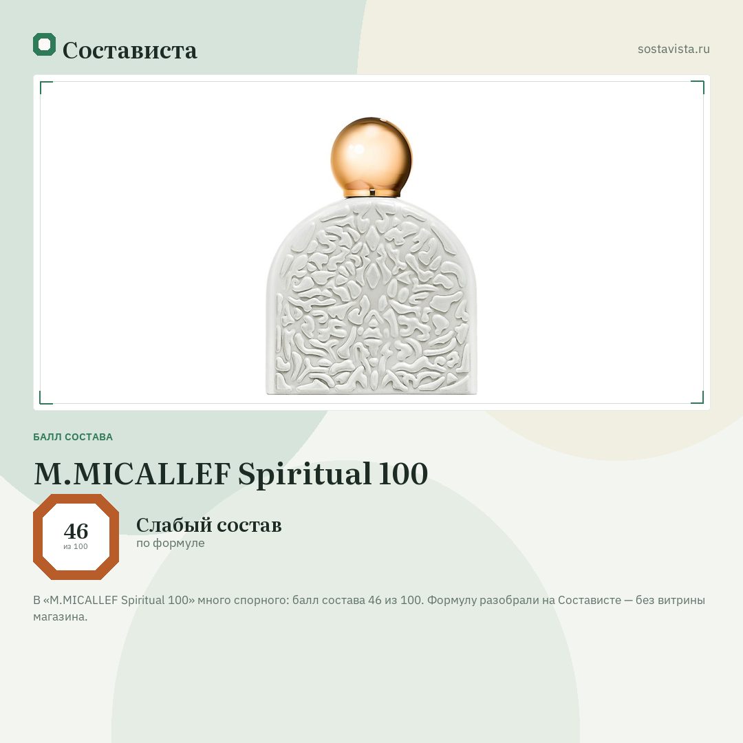 M.MICALLEF Spiritual 100: балл состава 46 из 100 — Состависта