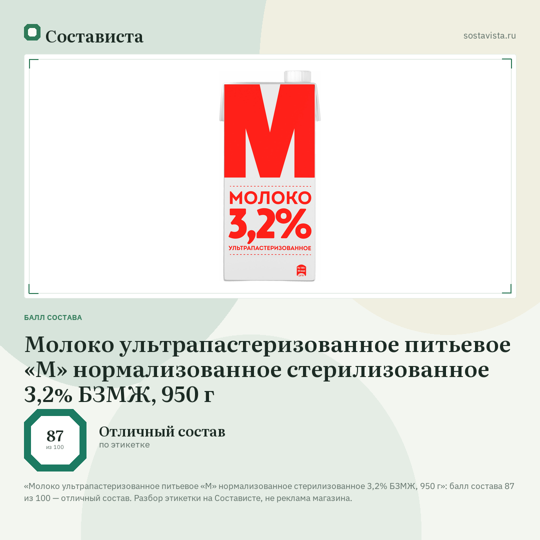Молоко ультрапастеризованное питьевое «М» нормализованное стерилизованное 3,2% БЗМЖ, 950 г: балл состава 87 из 100 — Состависта