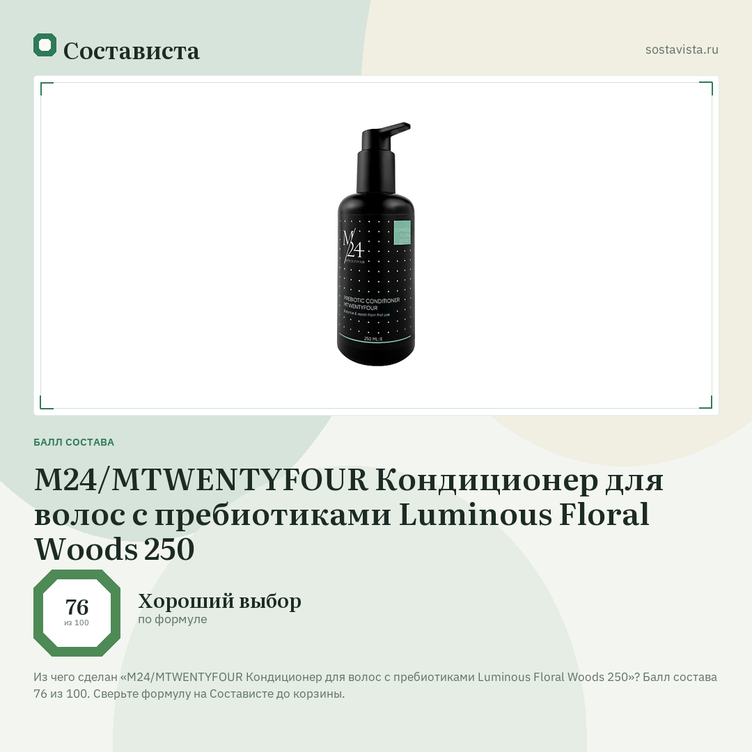 M24/MTWENTYFOUR Кондиционер для волос с пребиотиками Luminous Floral Woods 250: балл состава 76 из 100 — Состависта