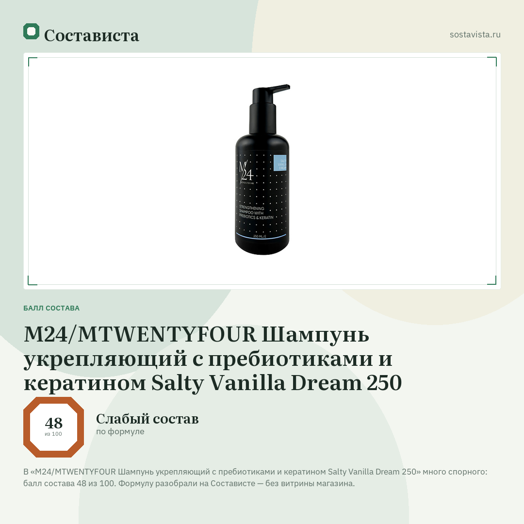 M24/MTWENTYFOUR Шампунь укрепляющий с пребиотиками и кератином Salty Vanilla Dream 250: балл состава 48 из 100 — Состависта