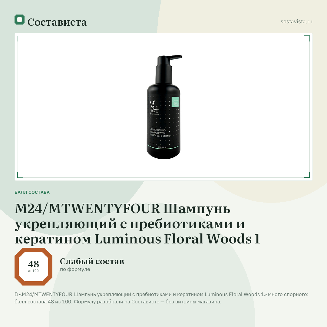 M24/MTWENTYFOUR Шампунь укрепляющий с пребиотиками и кератином Luminous Floral Woods 1: балл состава 48 из 100 — Состависта
