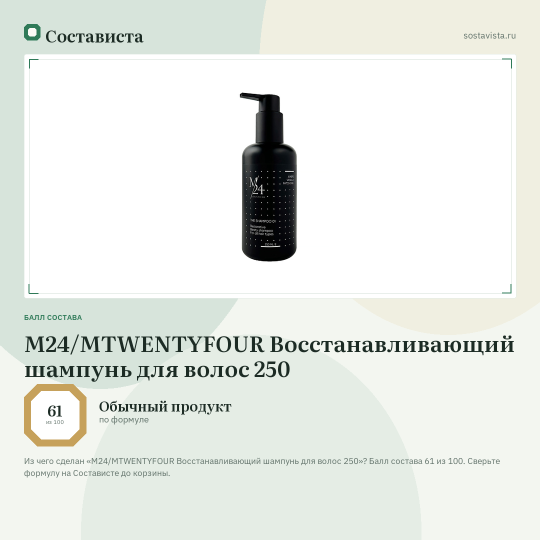 M24/MTWENTYFOUR Восстанавливающий шампунь для волос 250: балл состава 61 из 100 — Состависта