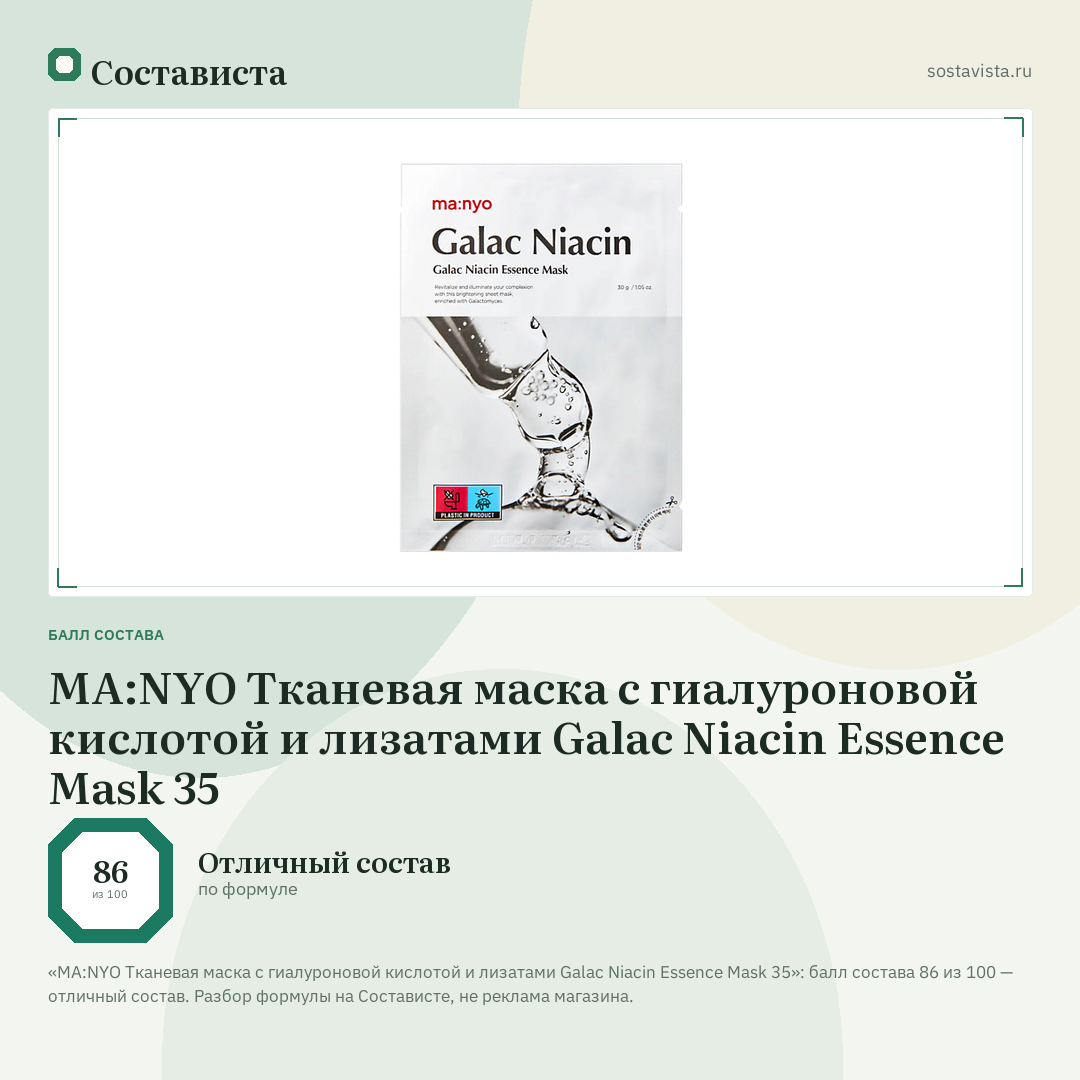MA:NYO Тканевая маска с гиалуроновой кислотой и лизатами Galac Niacin Essence Mask 35: балл состава 86 из 100 — Состависта