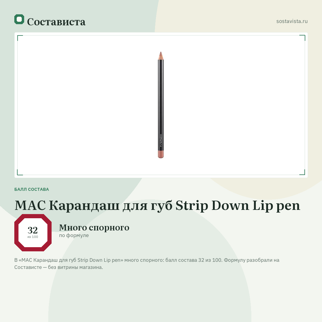 MAC Карандаш для губ Strip Down Lip pen: балл состава 32 из 100 — Состависта