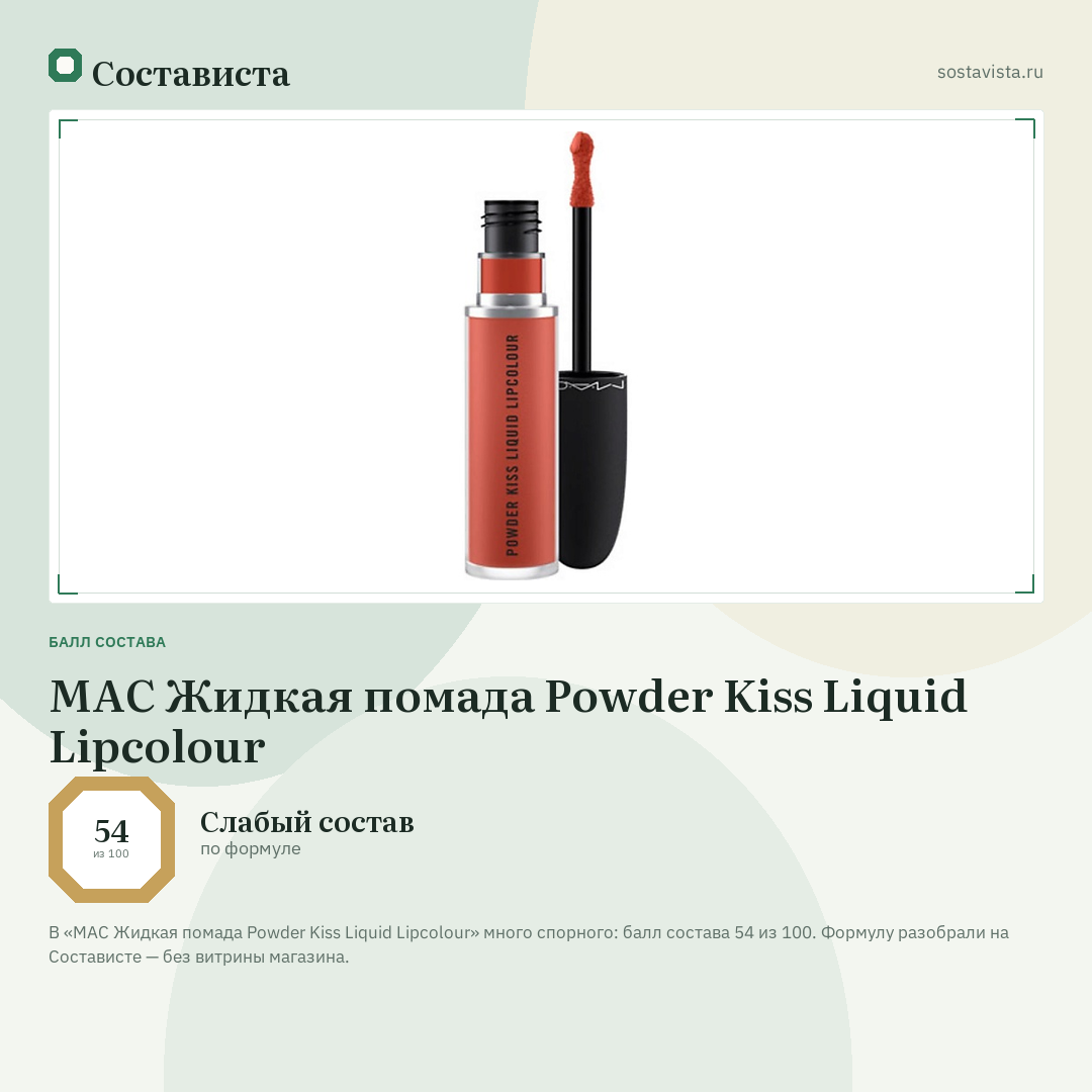 MAC Жидкая помада Powder Kiss Liquid Lipcolour: балл состава 54 из 100 — Состависта