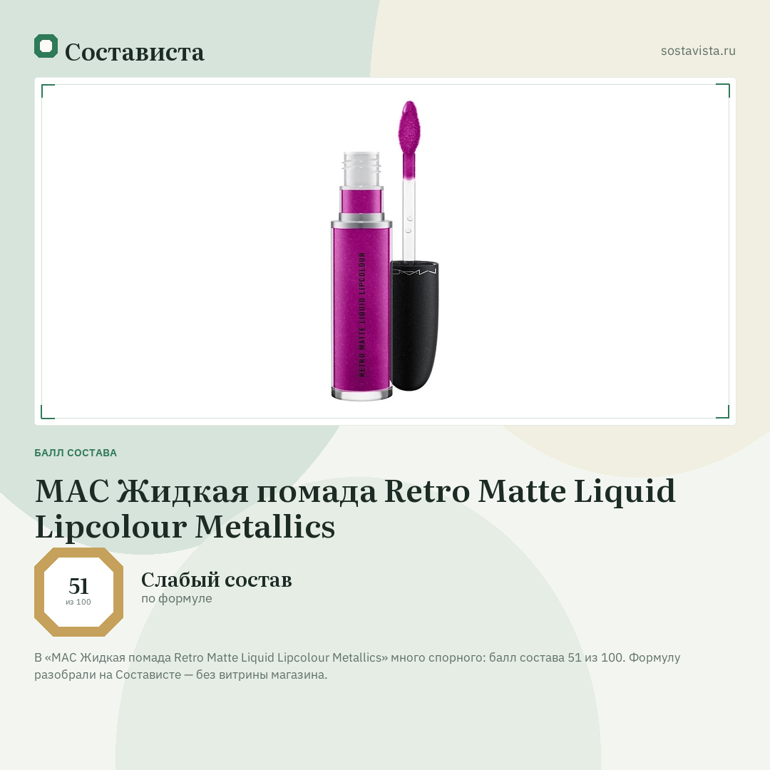 MAC Жидкая помада Retro Matte Liquid Lipcolour Metallics: балл состава 51 из 100 — Состависта