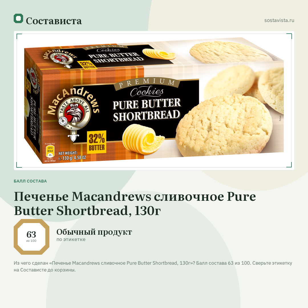 Печенье Macandrews сливочное Pure Butter Shortbread, 130г: балл состава 63 из 100 — Состависта