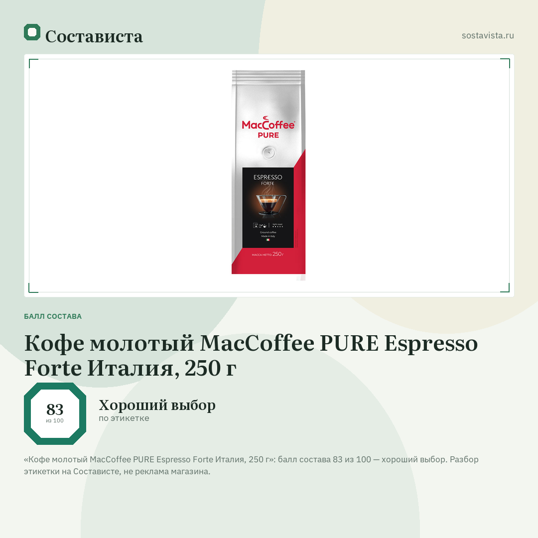Кофе молотый MacCoffee PURE Espresso Forte Италия, 250 г: балл состава 83 из 100 — Состависта
