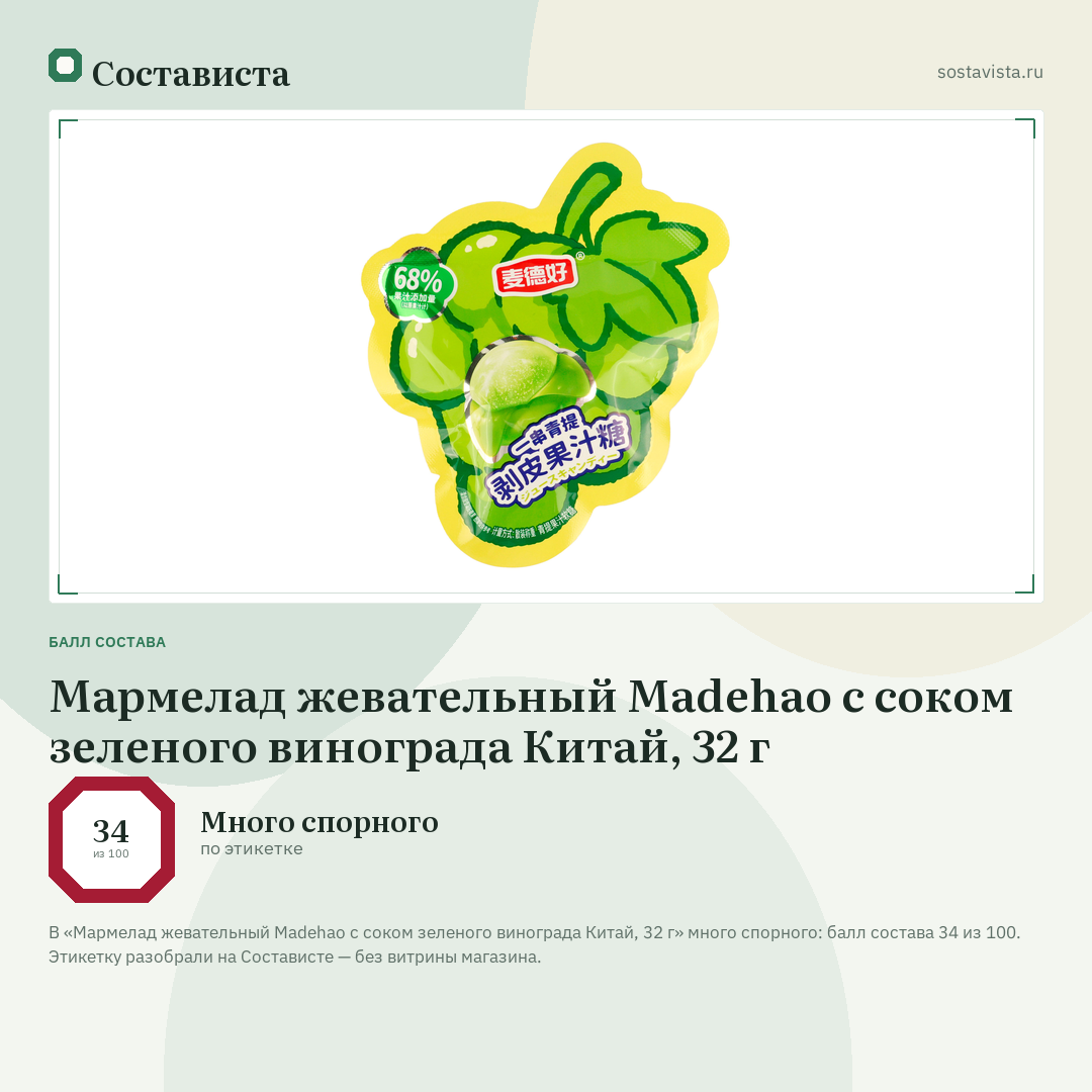 Мармелад жевательный Madehao с соком зеленого винограда Китай, 32 г: балл состава 34 из 100 — Состависта